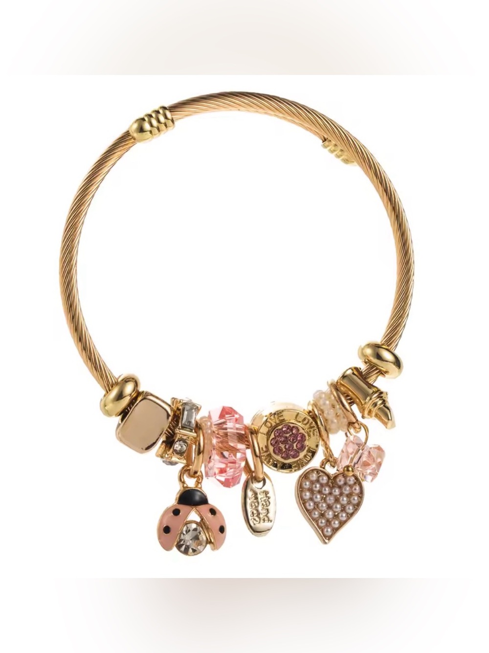 Gold Pink Charm Bangle Bracelet with Heart & Ladybug Charms